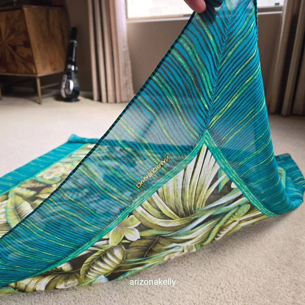NWT Silk Scarf Hand Rolled Crepe Tropical Leaves Green Dana Buchman